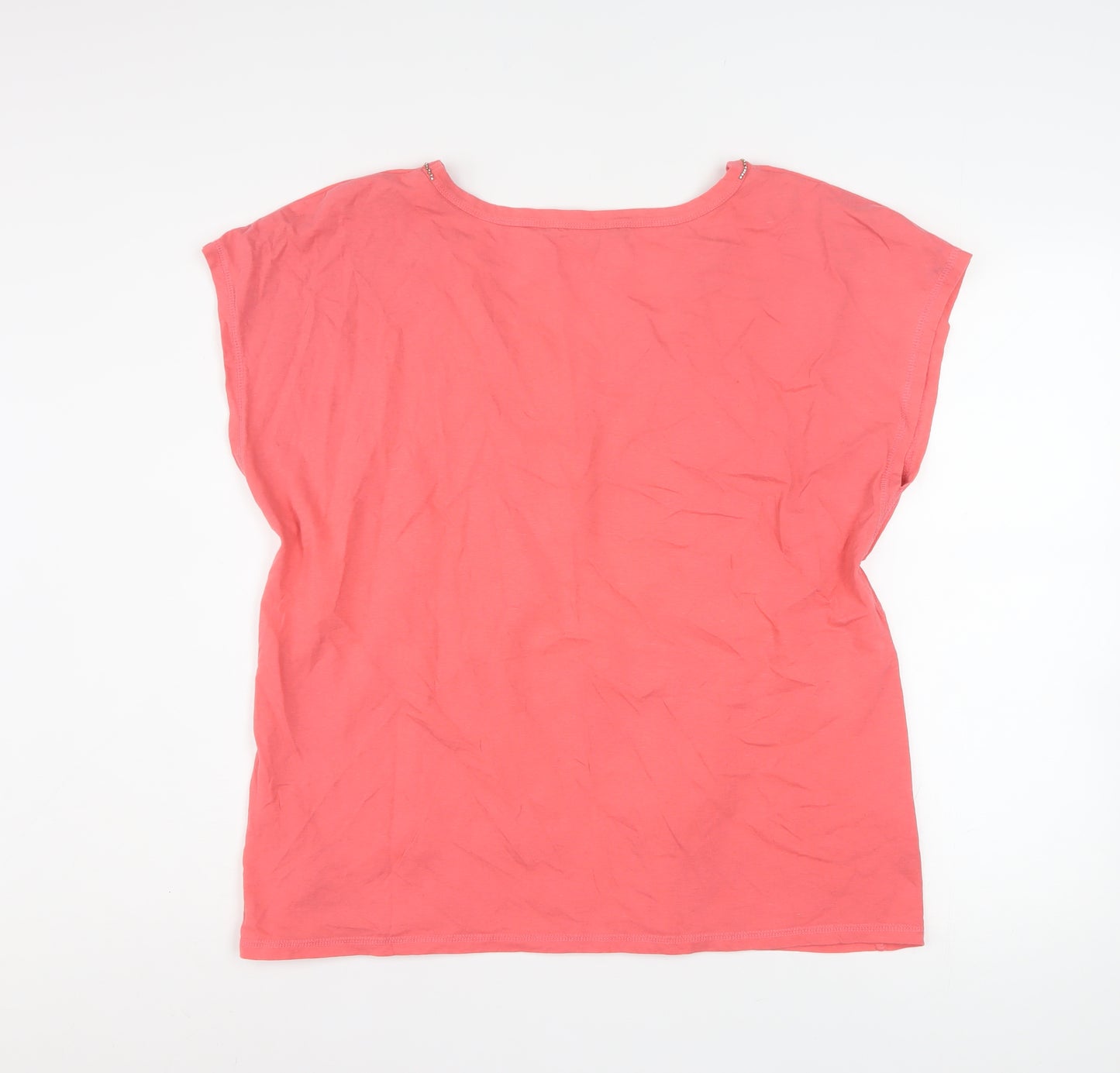 Bonmarché Women's Pink Linen Blend Beaded V-Neck T-Shirt Size 18