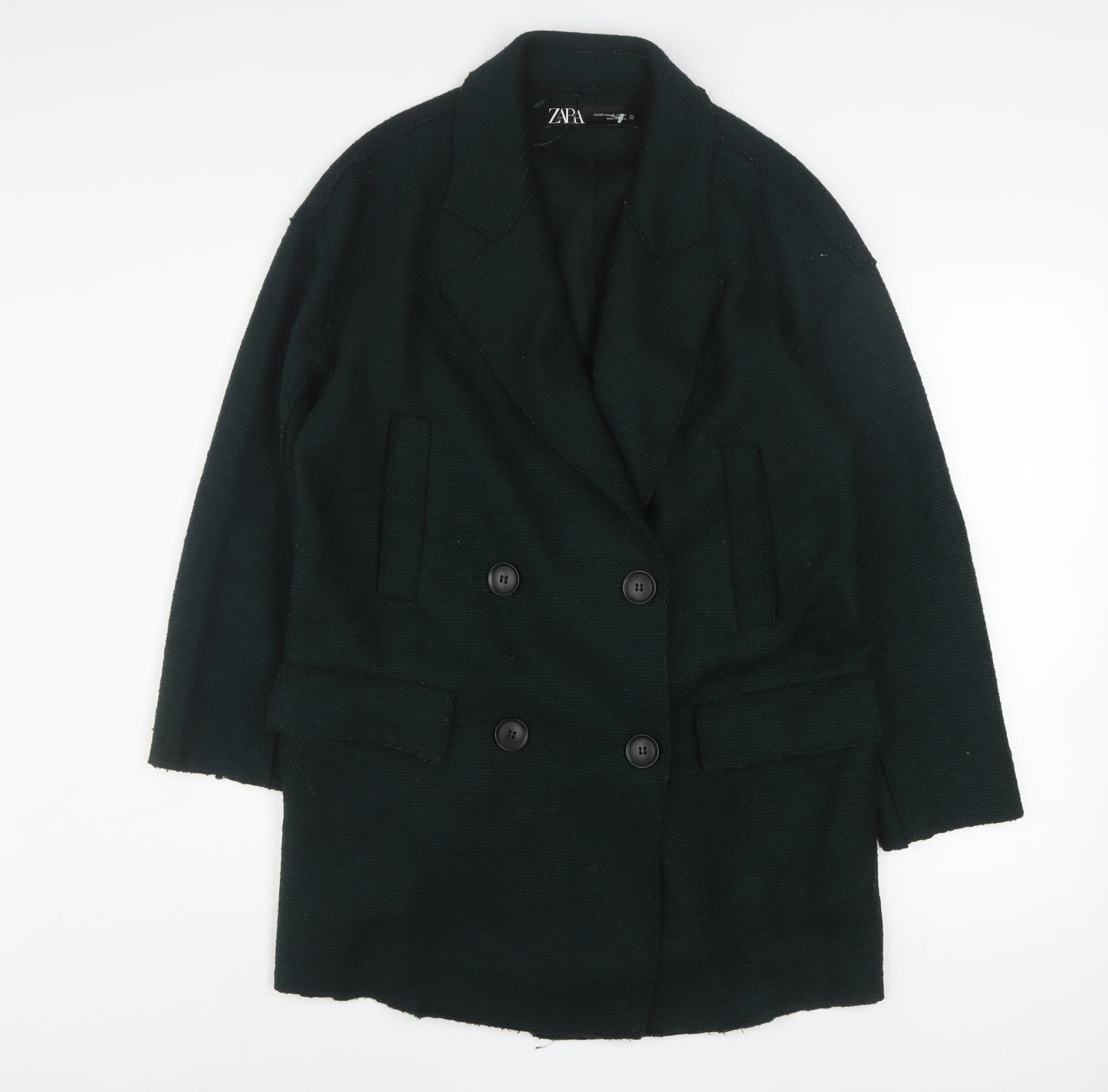 Zara Women Black Wool Blend Pea Coat XS Classic Mid-Length