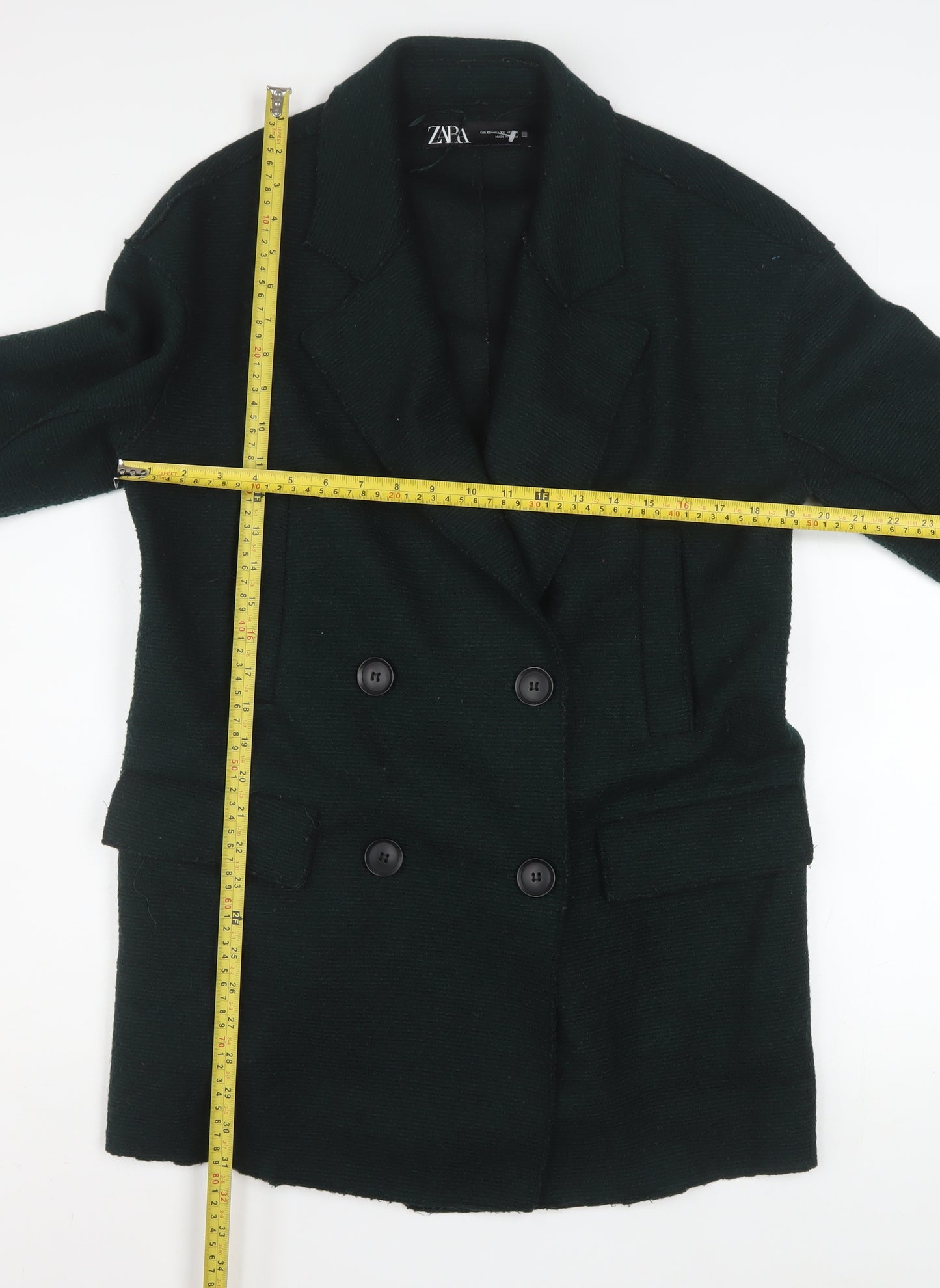 Zara Women Black Wool Blend Pea Coat XS Classic Mid-Length