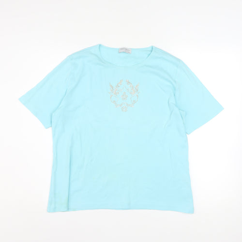 Peter Hahn Women Blue T-Shirt Size 18 Short Sleeve Beaded Cotton