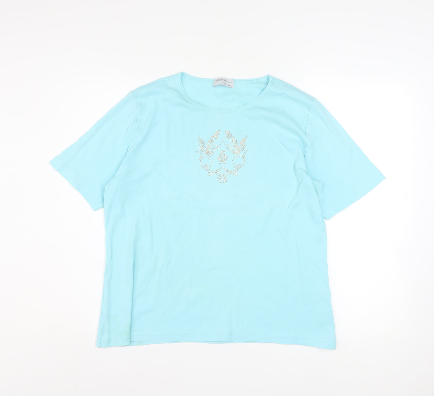 Peter Hahn Women Blue T-Shirt Size 18 Short Sleeve Beaded Cotton
