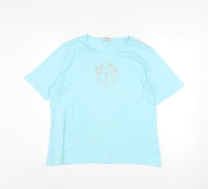 Peter Hahn Women Blue T-Shirt Size 18 Short Sleeve Beaded Cotton