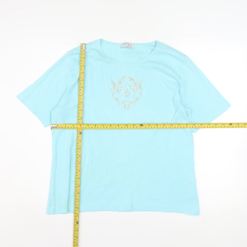 Peter Hahn Women Blue T-Shirt Size 18 Short Sleeve Beaded Cotton