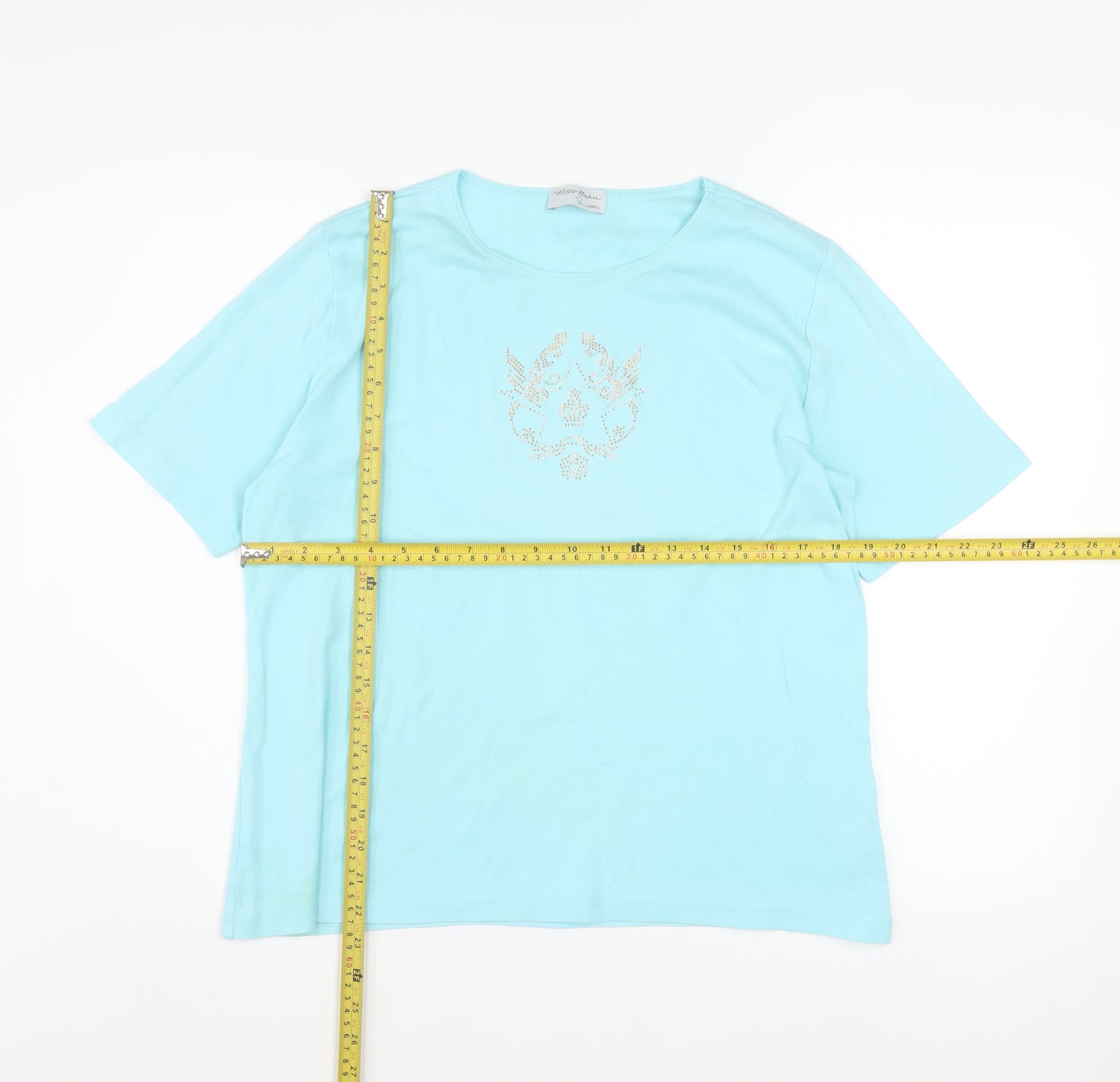 Peter Hahn Women Blue T-Shirt Size 18 Short Sleeve Beaded Cotton