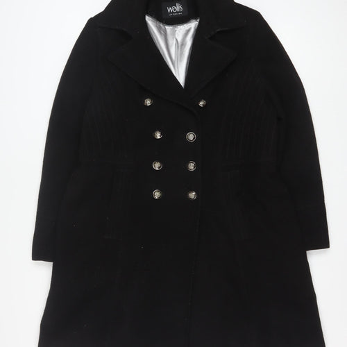 Wallis Women’s Black Long Pea Coat UK 16 Lined Button Classic Style