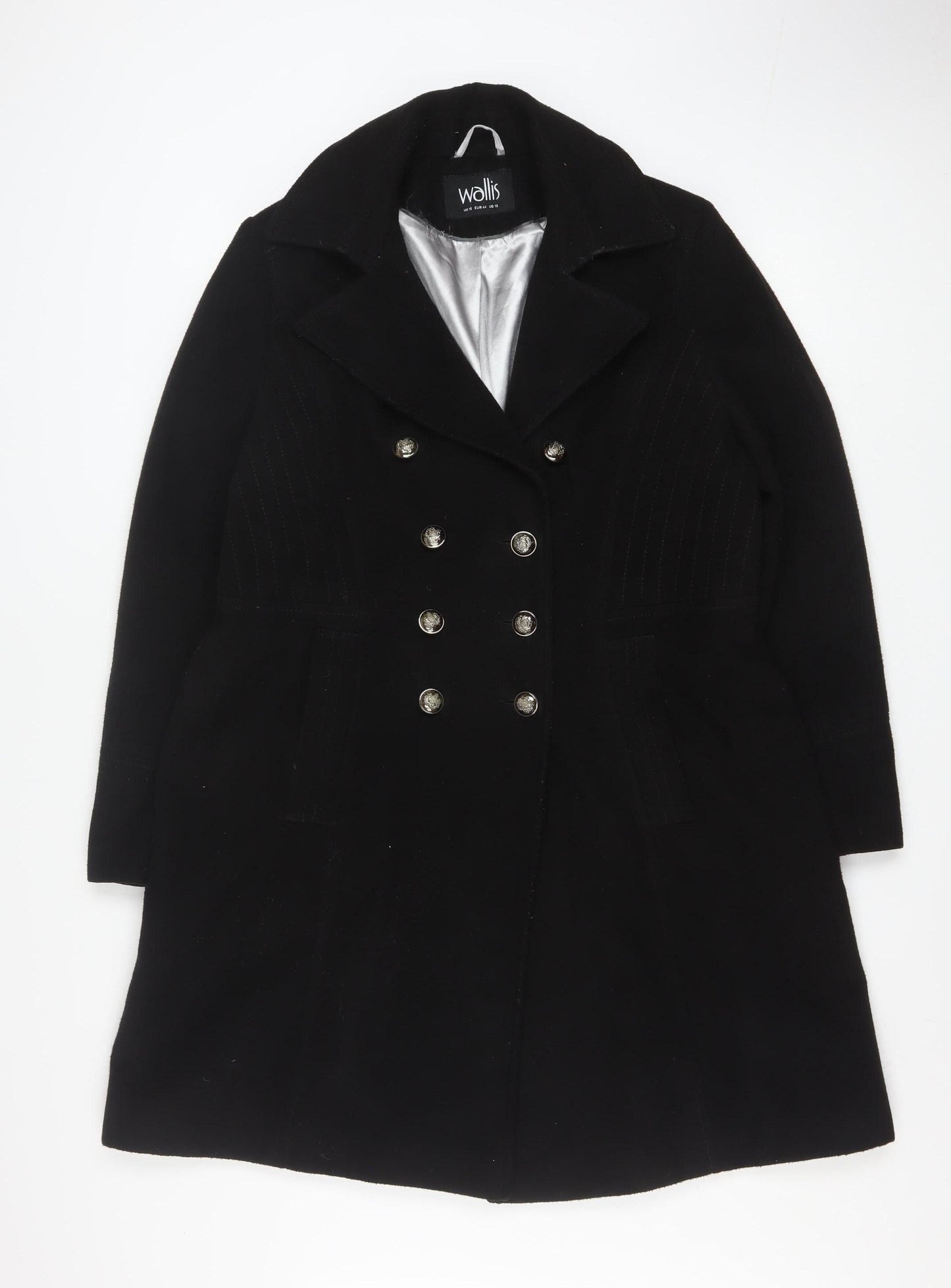 Wallis Women’s Black Long Pea Coat UK 16 Lined Button Classic Style