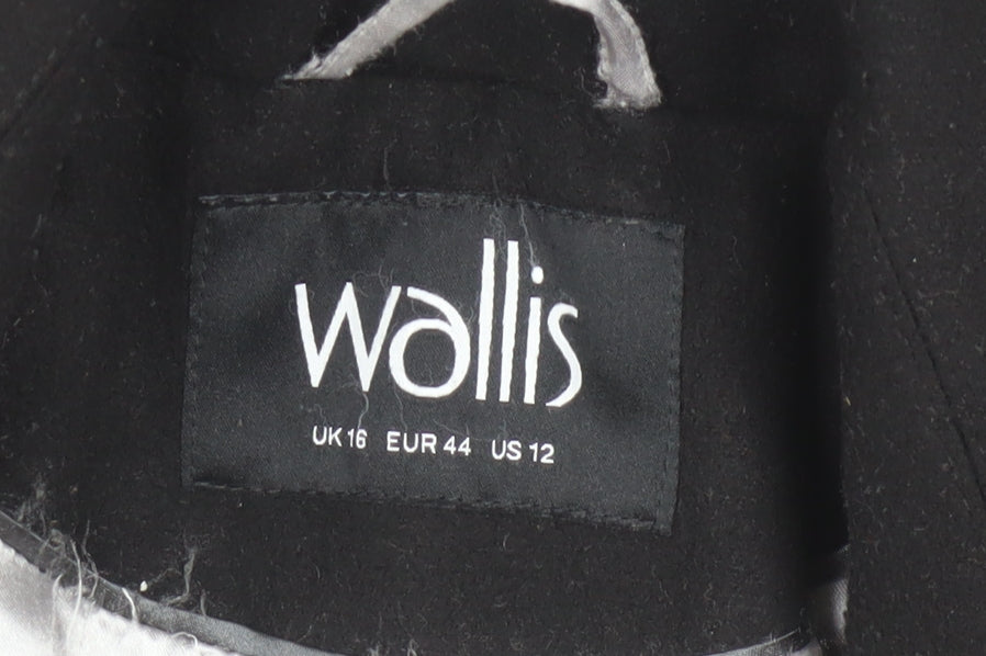 Wallis Women’s Black Long Pea Coat UK 16 Lined Button Classic Style