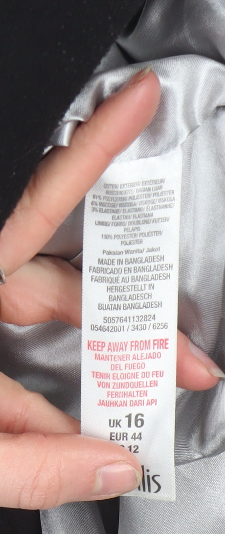 Wallis Women’s Black Long Pea Coat UK 16 Lined Button Classic Style