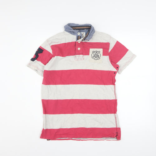 Next Men's Red Striped Polo Shirt Small Cotton Button Collar