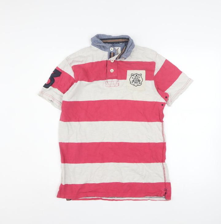 Next Men's Red Striped Polo Shirt Small Cotton Button Collar