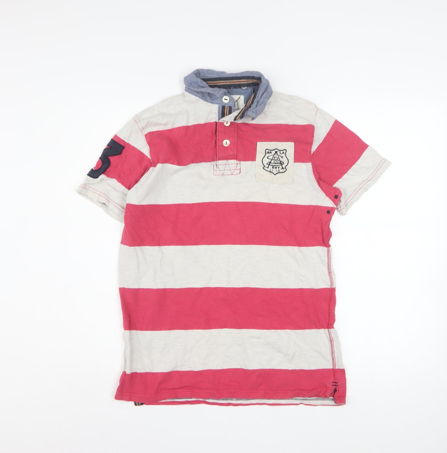 Next Men's Red Striped Polo Shirt Small Cotton Button Collar