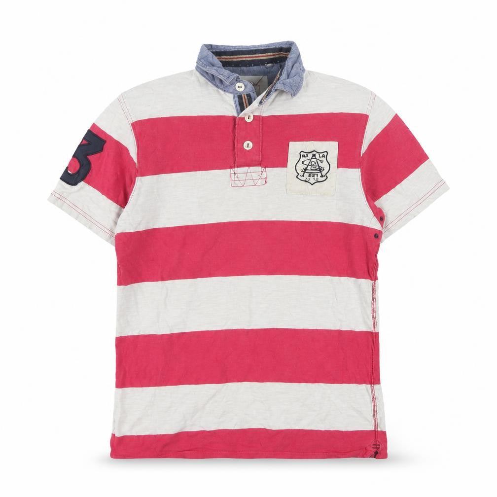Front view of Next Men's Red Striped Polo Shirt Small Cotton Button Collar