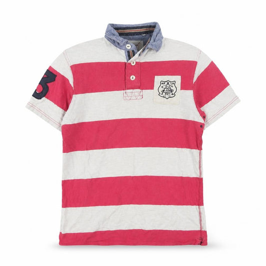 Front view of Next Men's Red Striped Polo Shirt Small Cotton Button Collar