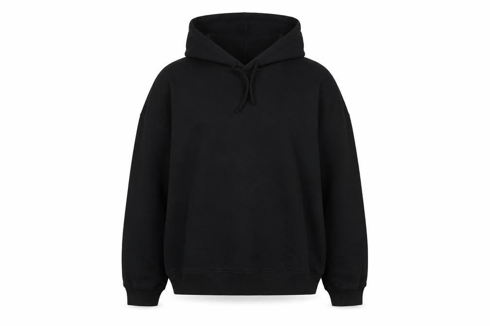 Front view of H&M Women's Black Pullover Hoodie, size L, Cotton Casual Sweatshirt