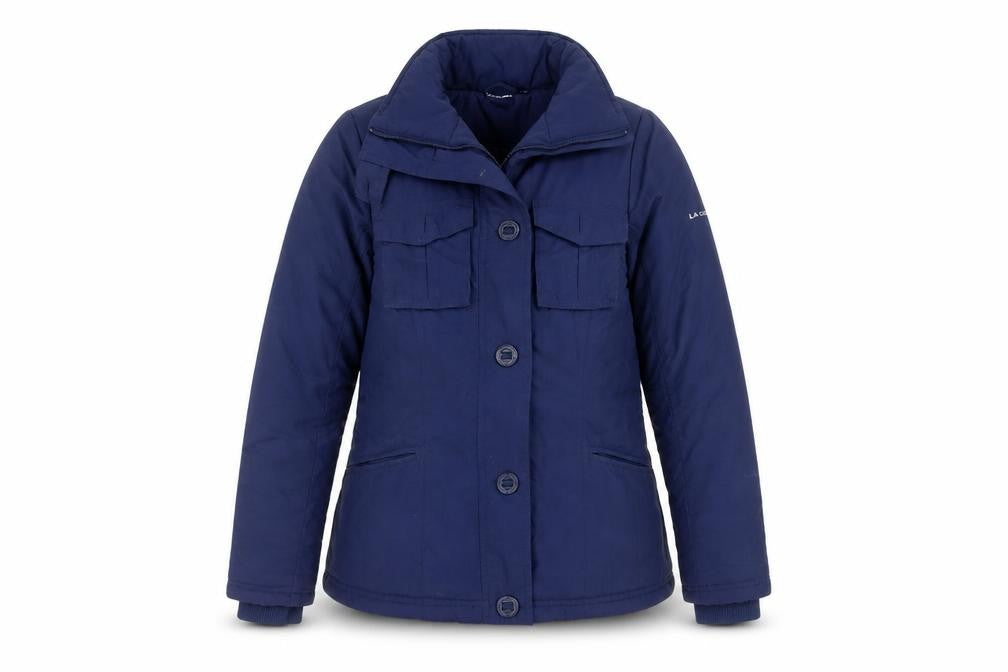 Front view of LA Gear Women's Blue Puffer Jacket, size 8, Mid-Length Winter Coat