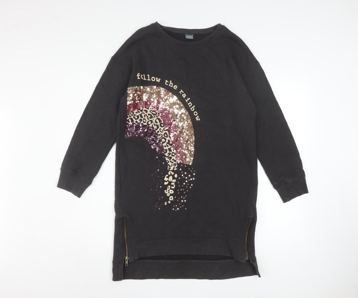 Next Girls Black Sequin Rainbow Sweatshirt 13 Years Pullover Fleece