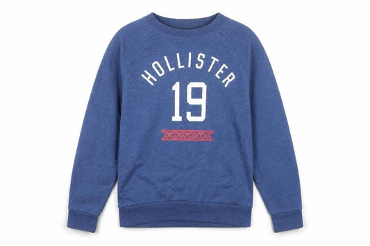 Front view of Hollister Men's Blue Graphic Pullover Sweatshirt, size M