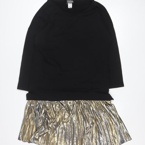 Sans Souci Women's Black Gold Shift Dress L Long Sleeve Pleated Hem