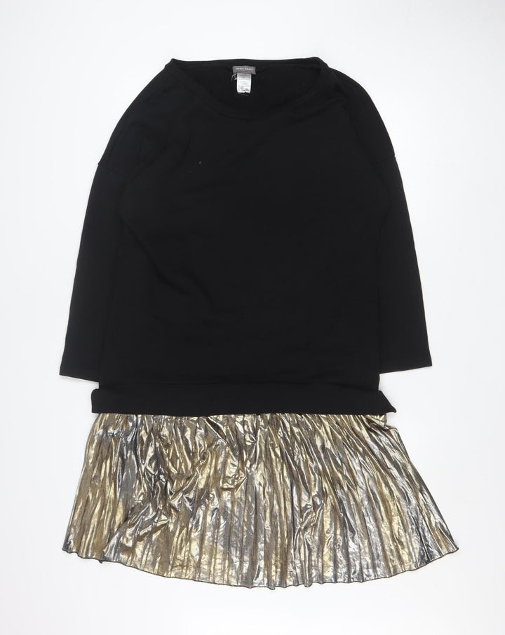 Sans Souci Women's Black Gold Shift Dress L Long Sleeve Pleated Hem