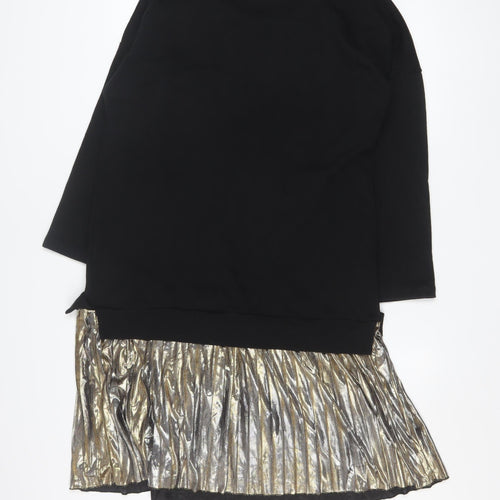 Sans Souci Women's Black Gold Shift Dress L Long Sleeve Pleated Hem