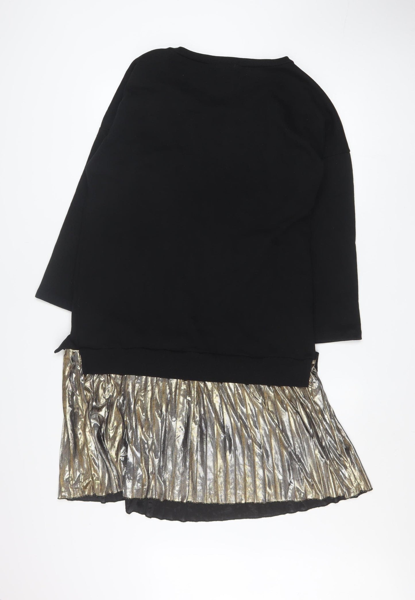 Sans Souci Women's Black Gold Shift Dress L Long Sleeve Pleated Hem