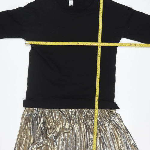 Sans Souci Women's Black Gold Shift Dress L Long Sleeve Pleated Hem