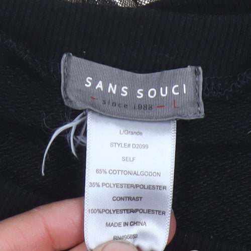 Sans Souci Women's Black Gold Shift Dress L Long Sleeve Pleated Hem