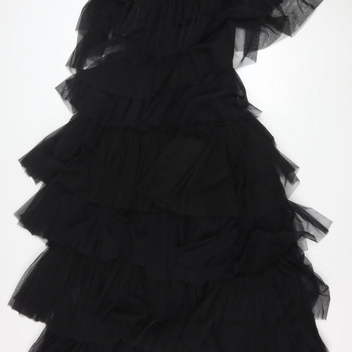 Warehouse Women’s Black One Shoulder Asymmetric Ruffle Midi Dress UK 8