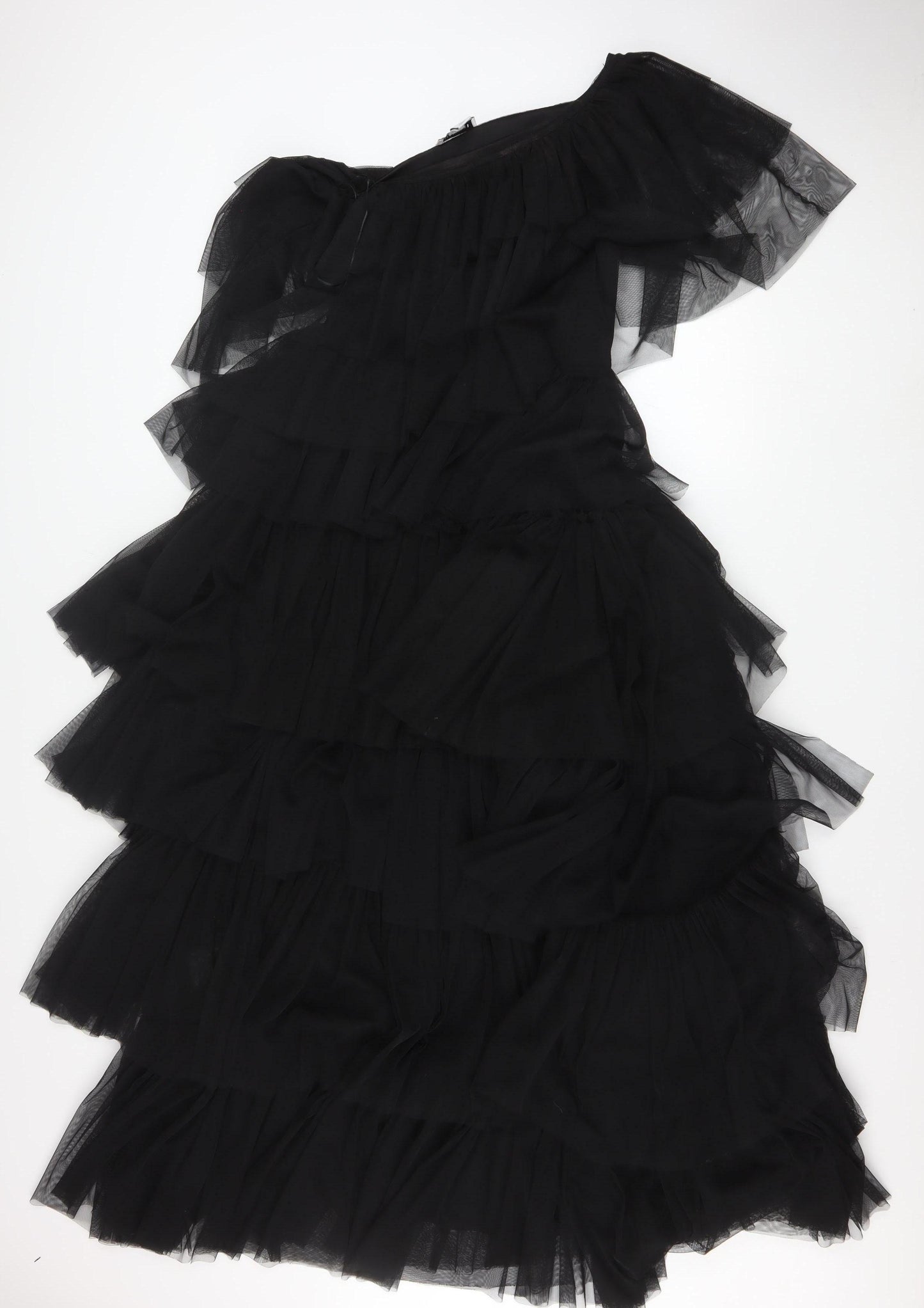Warehouse Women’s Black One Shoulder Asymmetric Ruffle Midi Dress UK 8