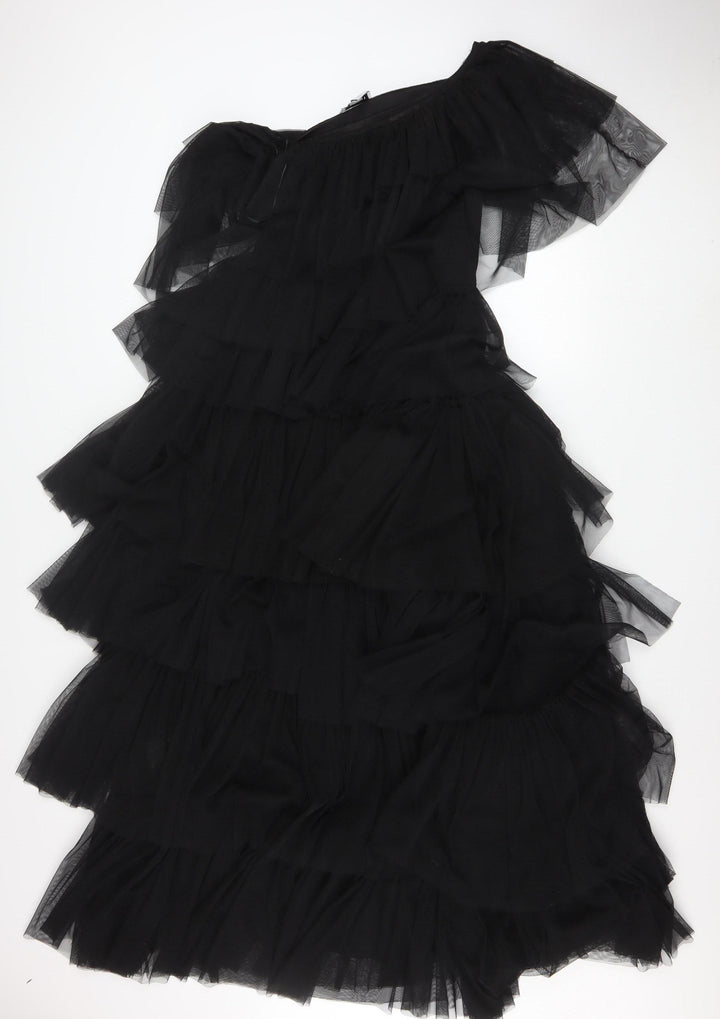 Warehouse Women’s Black One Shoulder Asymmetric Ruffle Midi Dress UK 8