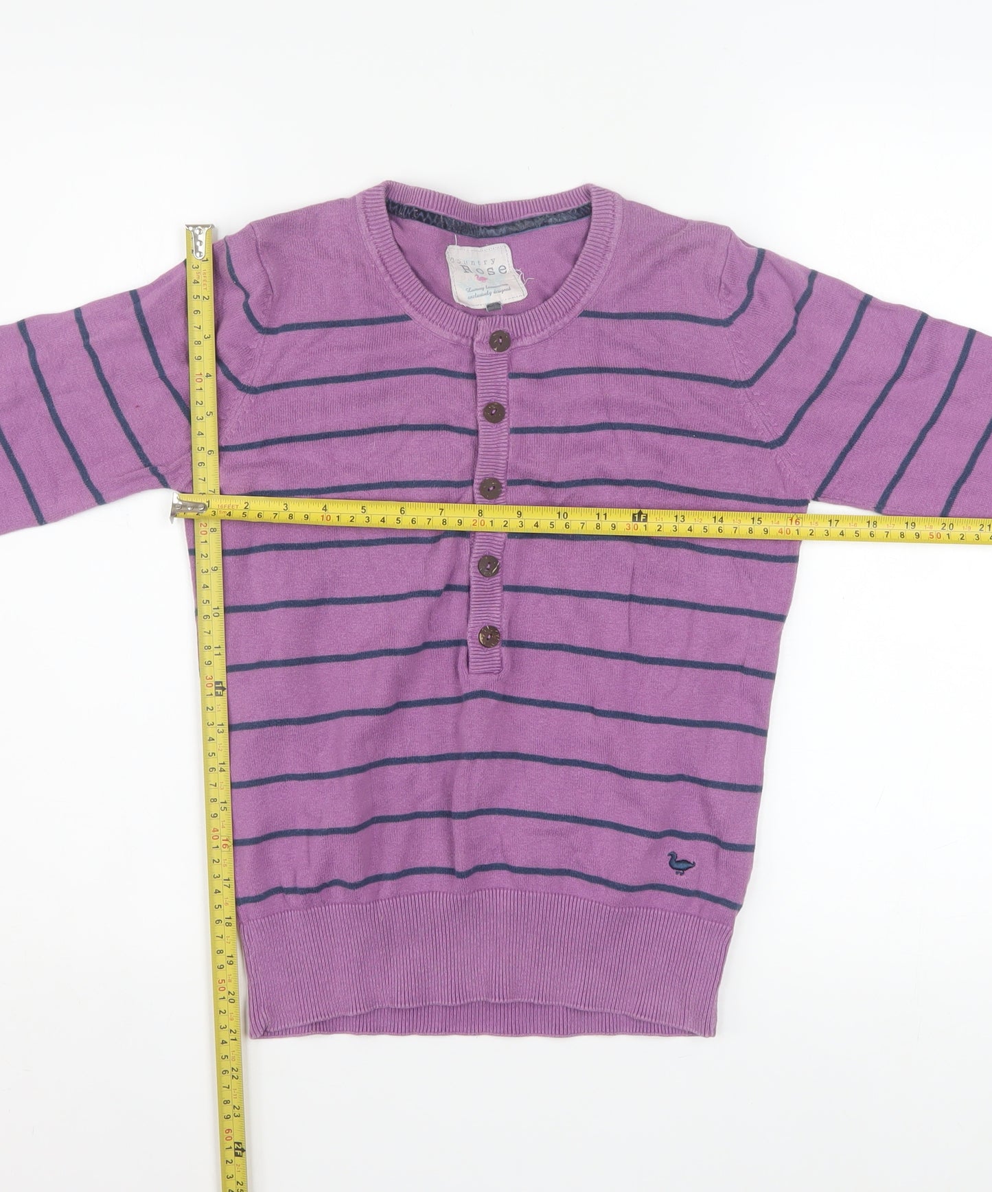 Country Rose Women's Purple Striped Henley Cotton Jumper Size S