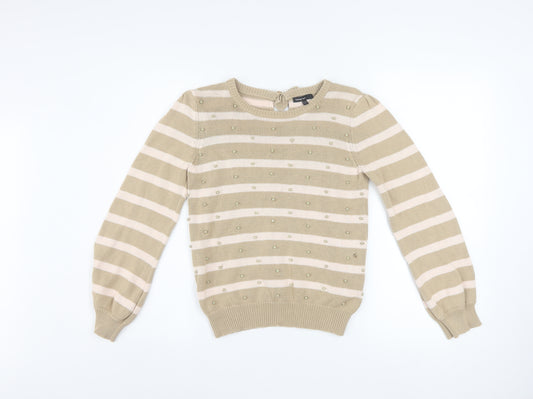 Marks and Spencer Autograph Girls Beige Stripe Beaded Cotton Jumper 12-13 Years