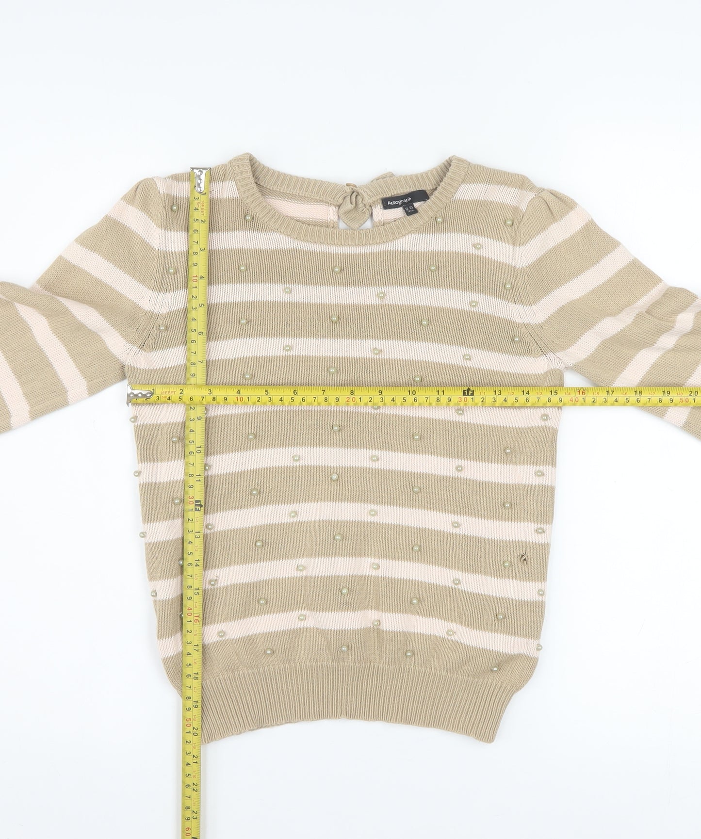 Marks and Spencer Autograph Girls Beige Stripe Beaded Cotton Jumper 12-13 Years