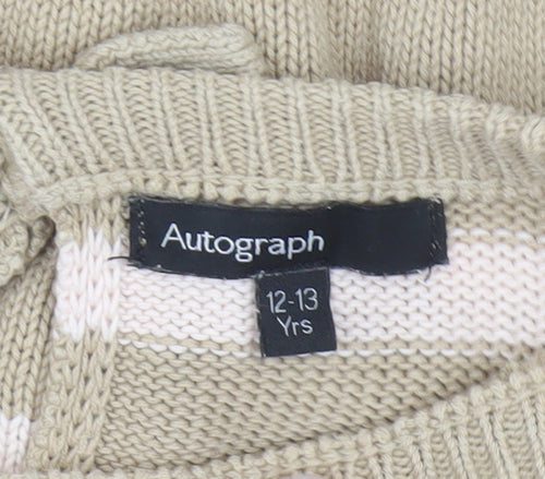 Marks and Spencer Autograph Girls Beige Stripe Beaded Cotton Jumper 12-13 Years
