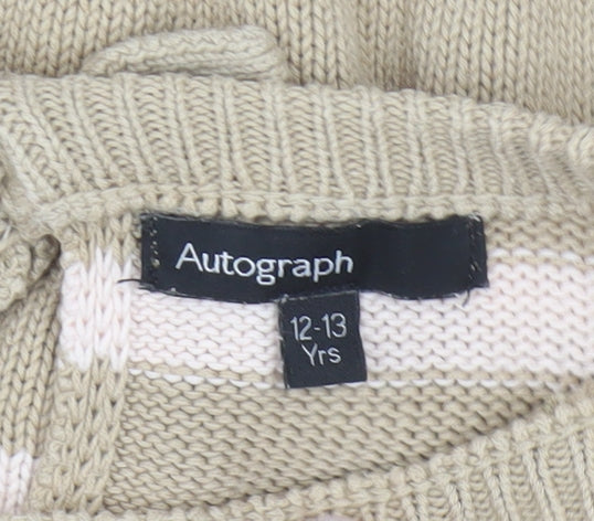 Marks and Spencer Autograph Girls Beige Stripe Beaded Cotton Jumper 12-13 Years