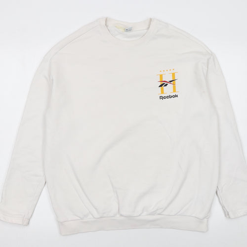 Reebok Women’s White Medium Pullover Sweatshirt – Logo Print Cotton Blend