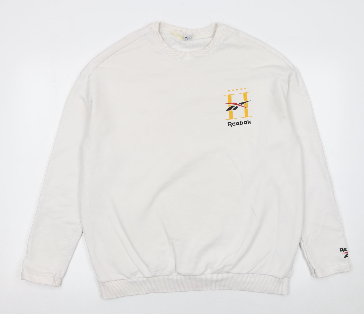 Reebok Women’s White Medium Pullover Sweatshirt – Logo Print Cotton Blend