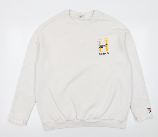Reebok Women’s White Medium Pullover Sweatshirt – Logo Print Cotton Blend