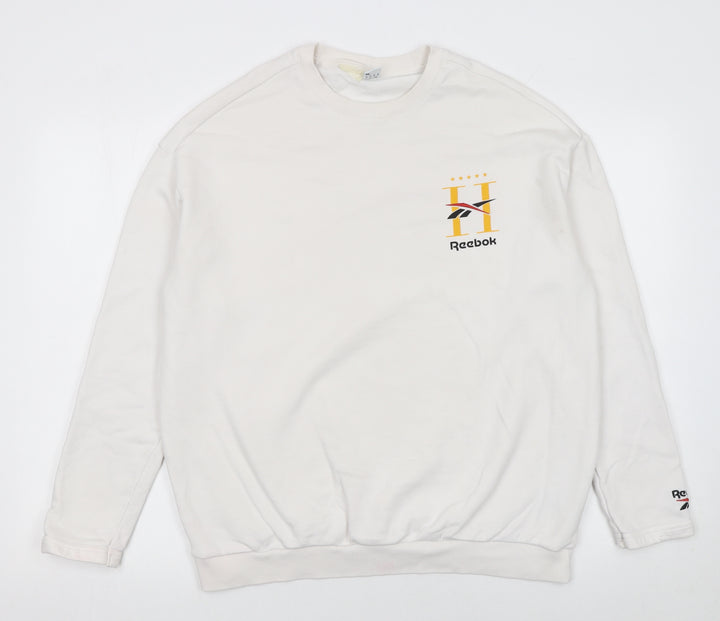Reebok Women’s White Medium Pullover Sweatshirt – Logo Print Cotton Blend