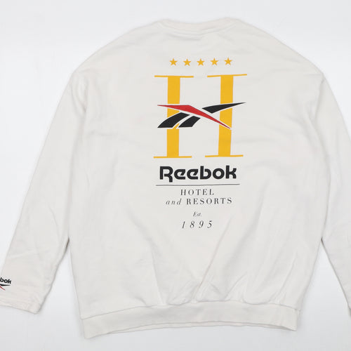 Reebok Women’s White Medium Pullover Sweatshirt – Logo Print Cotton Blend