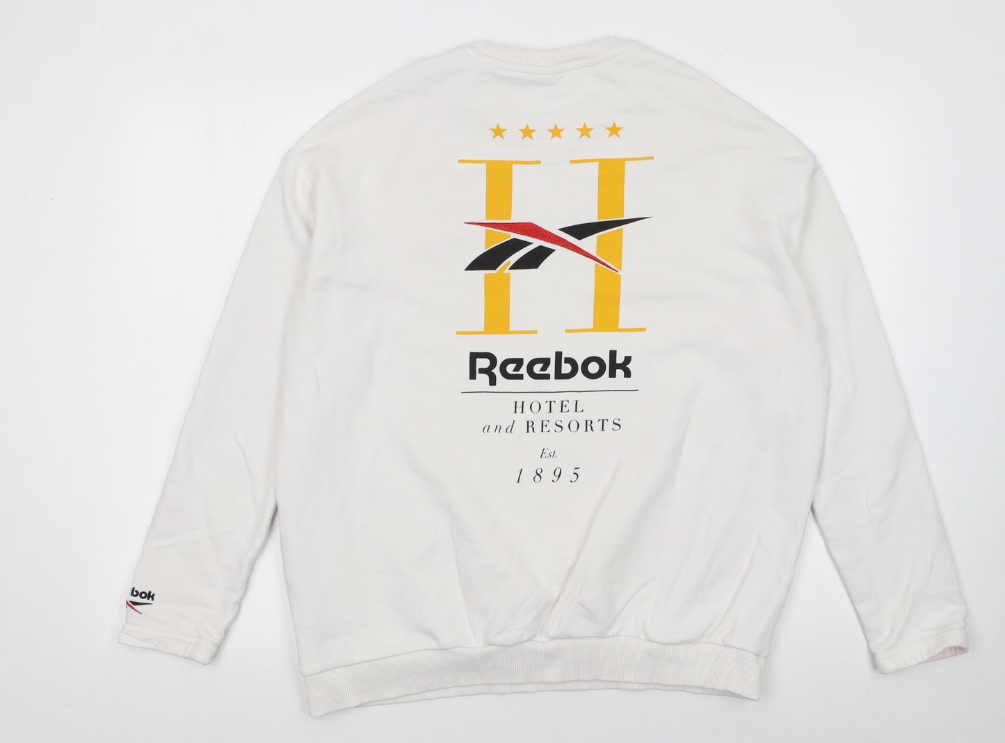 Reebok Women’s White Medium Pullover Sweatshirt – Logo Print Cotton Blend