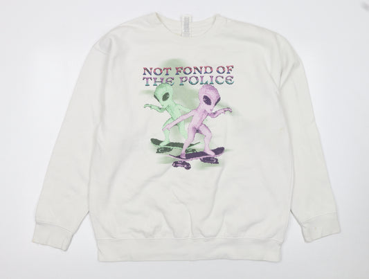 Cotton Heritage Women White Alien Graphic Pullover Sweatshirt L