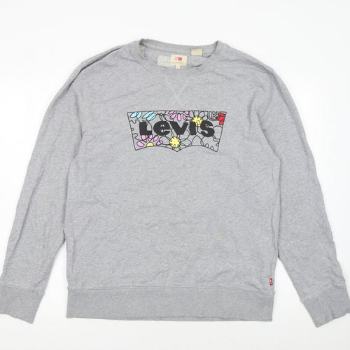 Levi's Women Grey Floral Logo Pullover Sweatshirt L Cotton