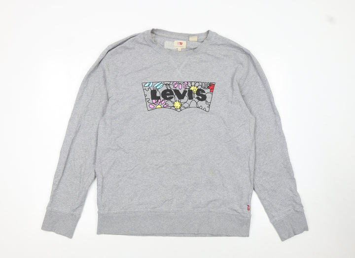 Levi's Women Grey Floral Logo Pullover Sweatshirt L Cotton