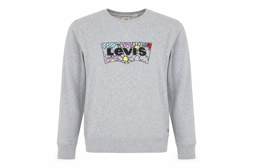 Front view of Levi's Women Grey Floral Logo Pullover Sweatshirt L Cotton
