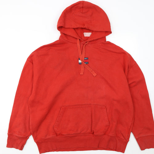 Tommy Jeans Men Red Pullover Hoodie M Cotton Fleece Logo
