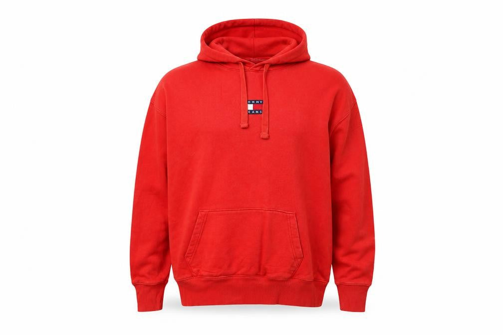 Front view of Tommy Jeans Men Red Pullover Hoodie M Cotton Fleece Logo
