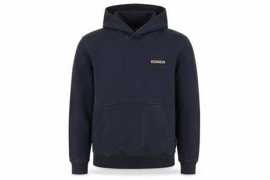 Front view of Napapijri Men's Blue Pullover Hoodie, size S, Regular Fit Cotton Blend