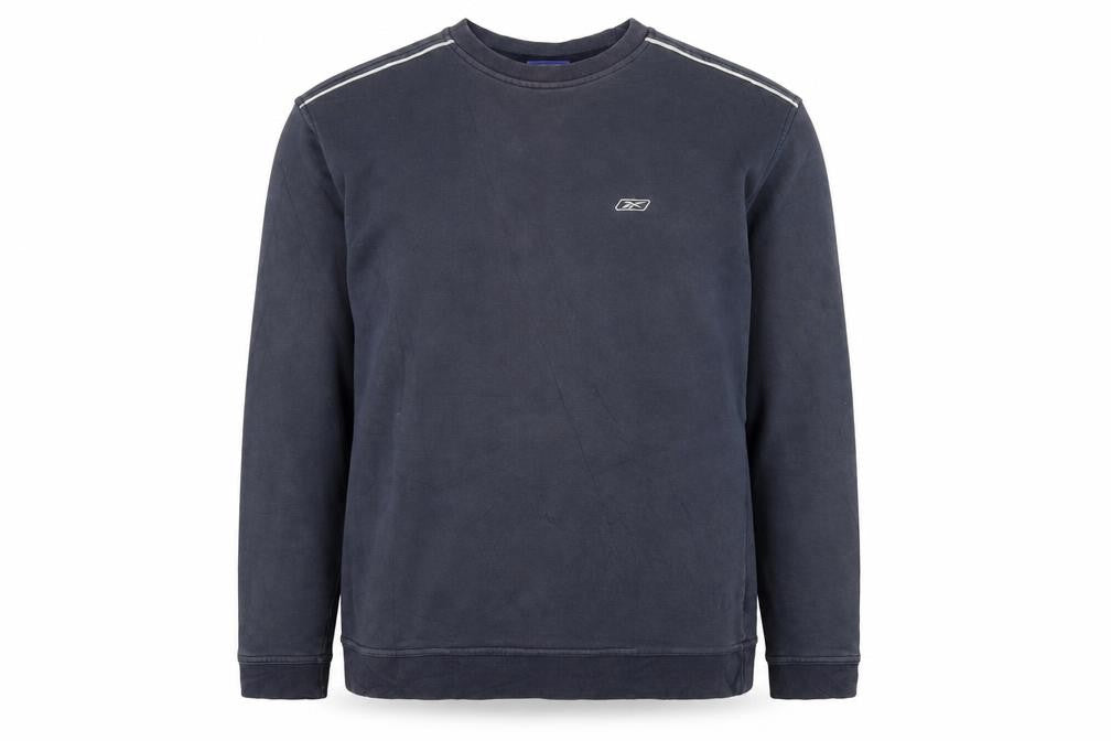 Front view of Reebok men’s blue long sleeve pullover sweatshirt, size L