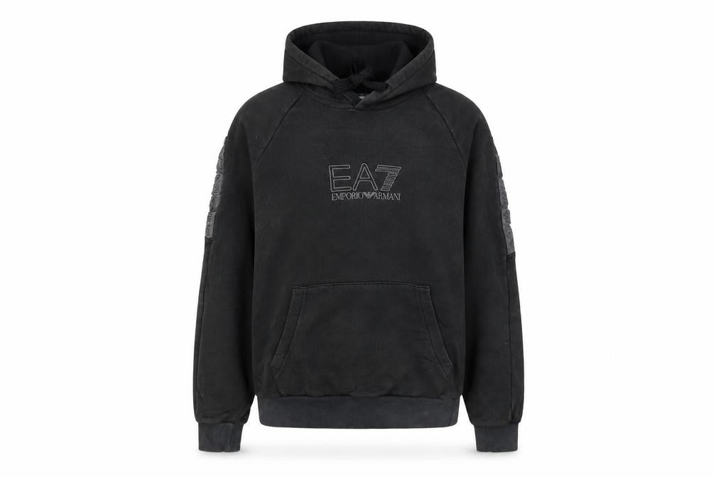 Front view of EA7 Emporio Armani Women's Black Pullover Hoodie, size S, Cotton Blend